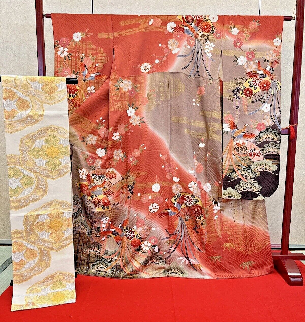 Japanese Kimono “Furisode” Pure Silk/Cherry blossoms/chrysanthemum /Phoenix