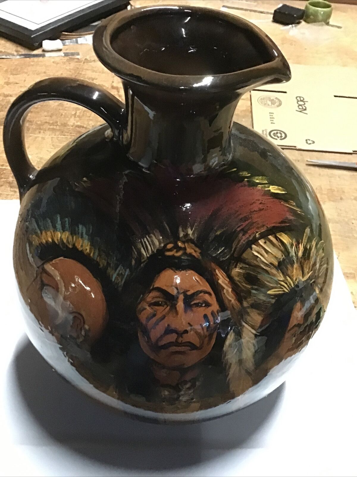Rick Wisecarver Signed Large Single Handled Pitcher Hand Painted  Three Warriors