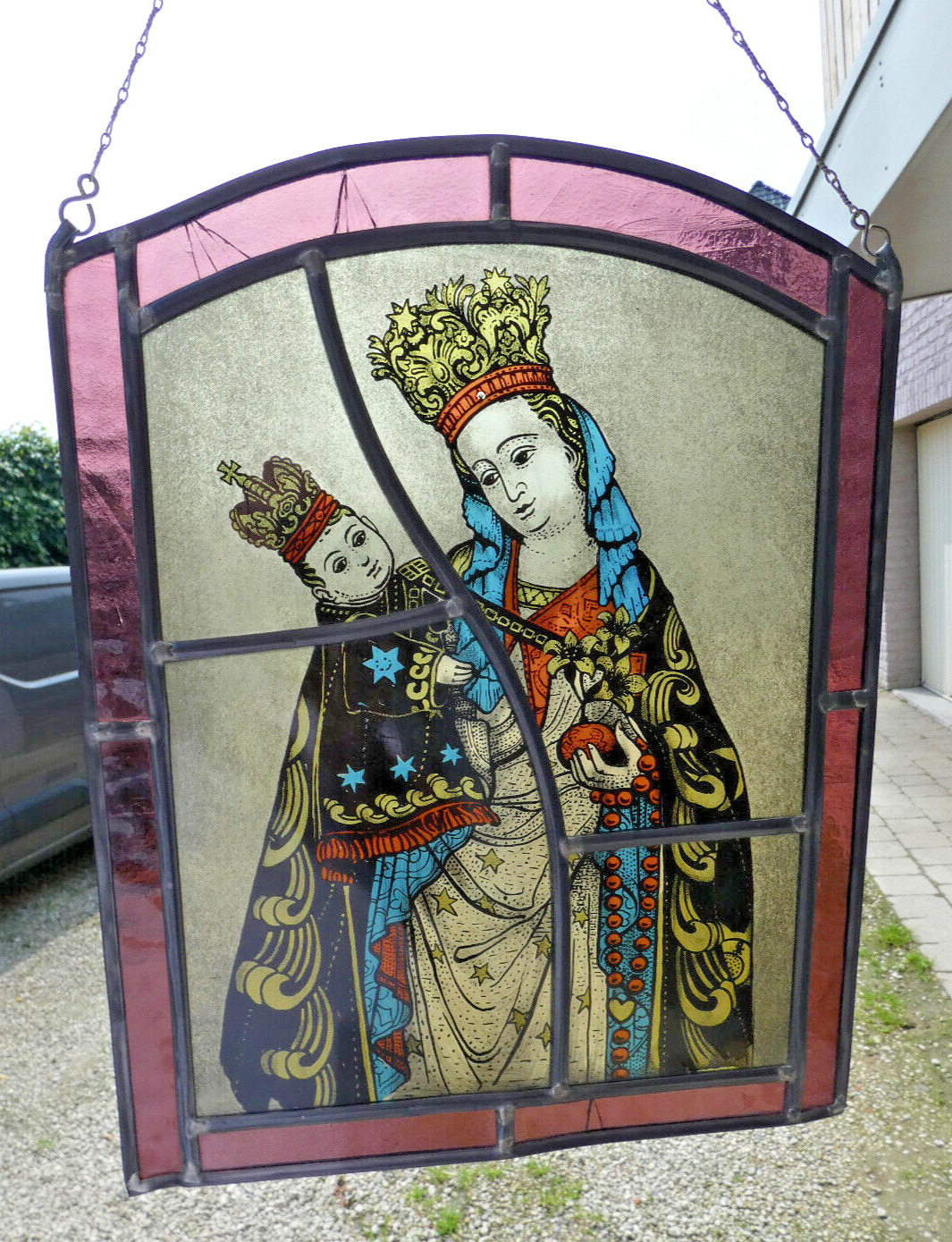 Antique Dutch Sterre Der Zee madonna Stained glass window panel religious
