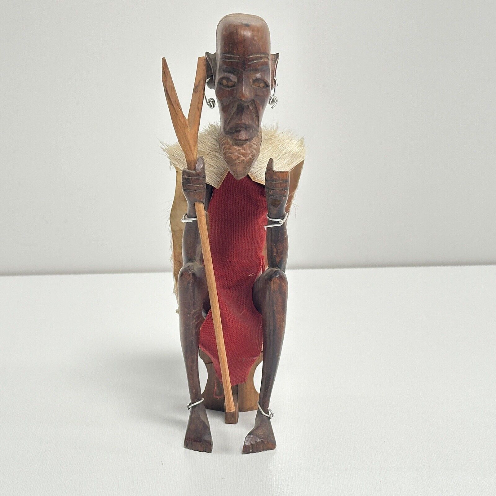 Vintage African Tribal Hand Carved Wood Figure with Fur Pelt