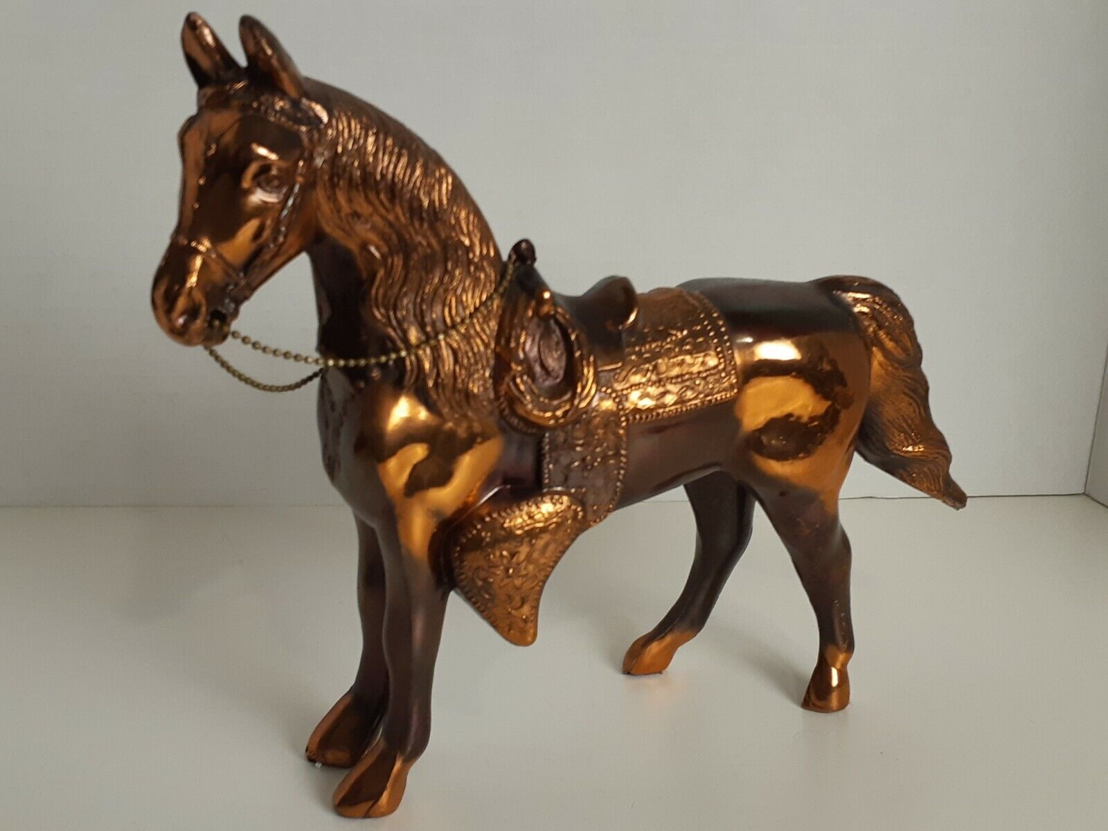 Copper Plated Horse Figurine Molded Hollow Ornate Detailed Vintage Pre-owned