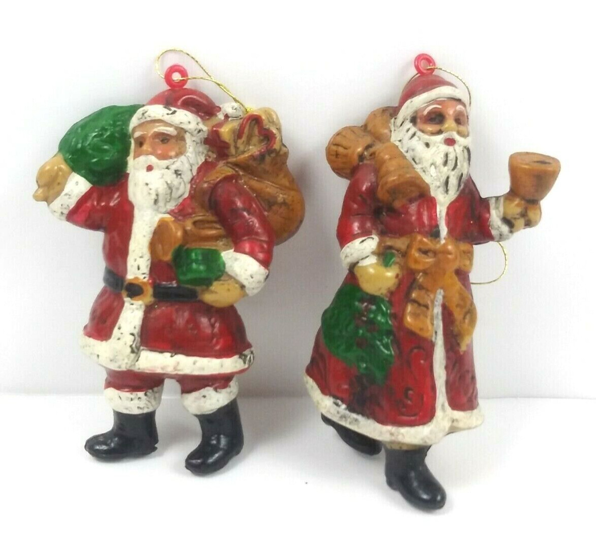 Plastic Santa Claus Christmas Ornaments Toy Sack Bell Pair Vintage 