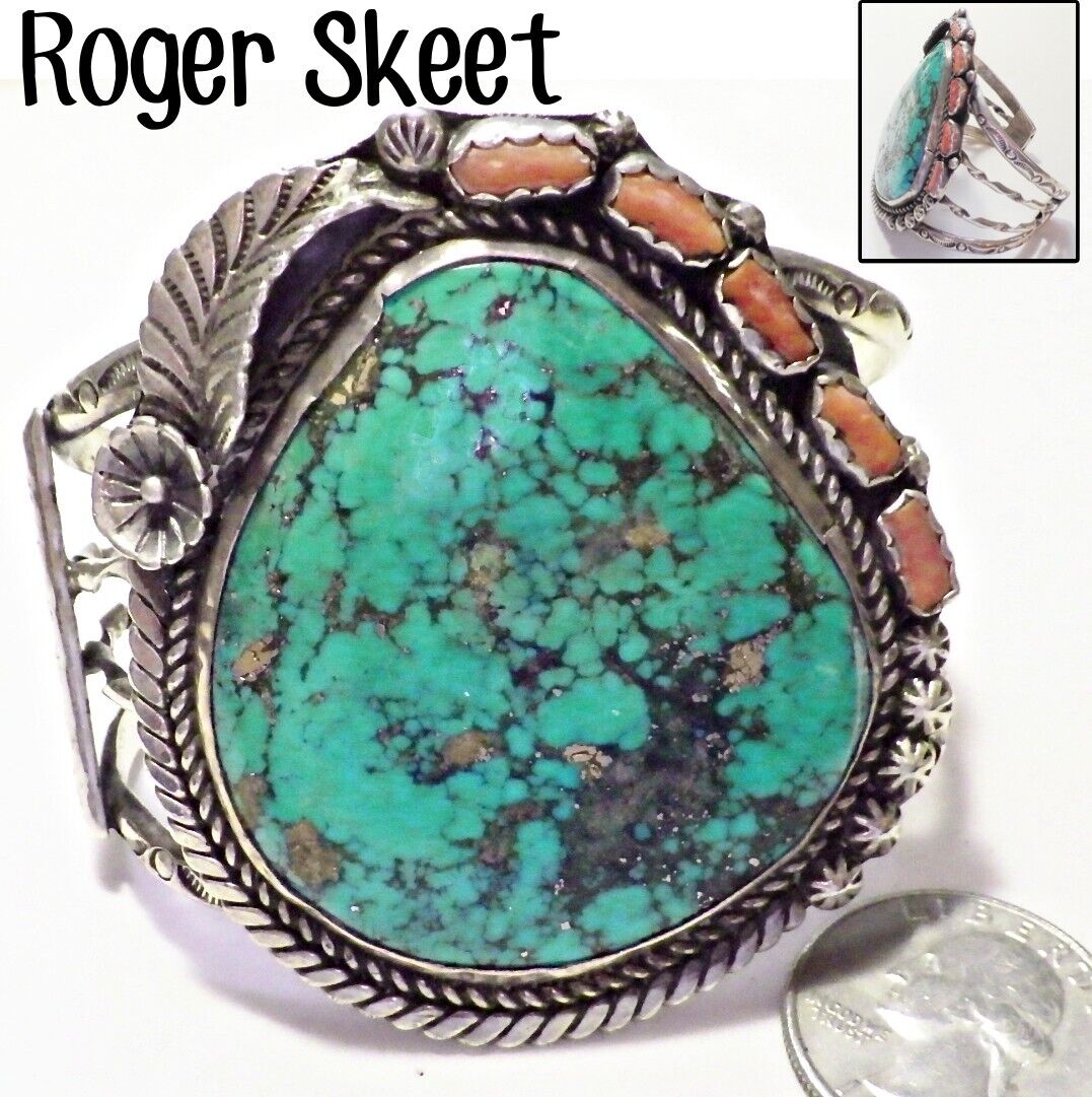 Vtg Huge Signed RS Roger Skeet Navajo Turquoise & Coral Sterling Cuff Bracelet