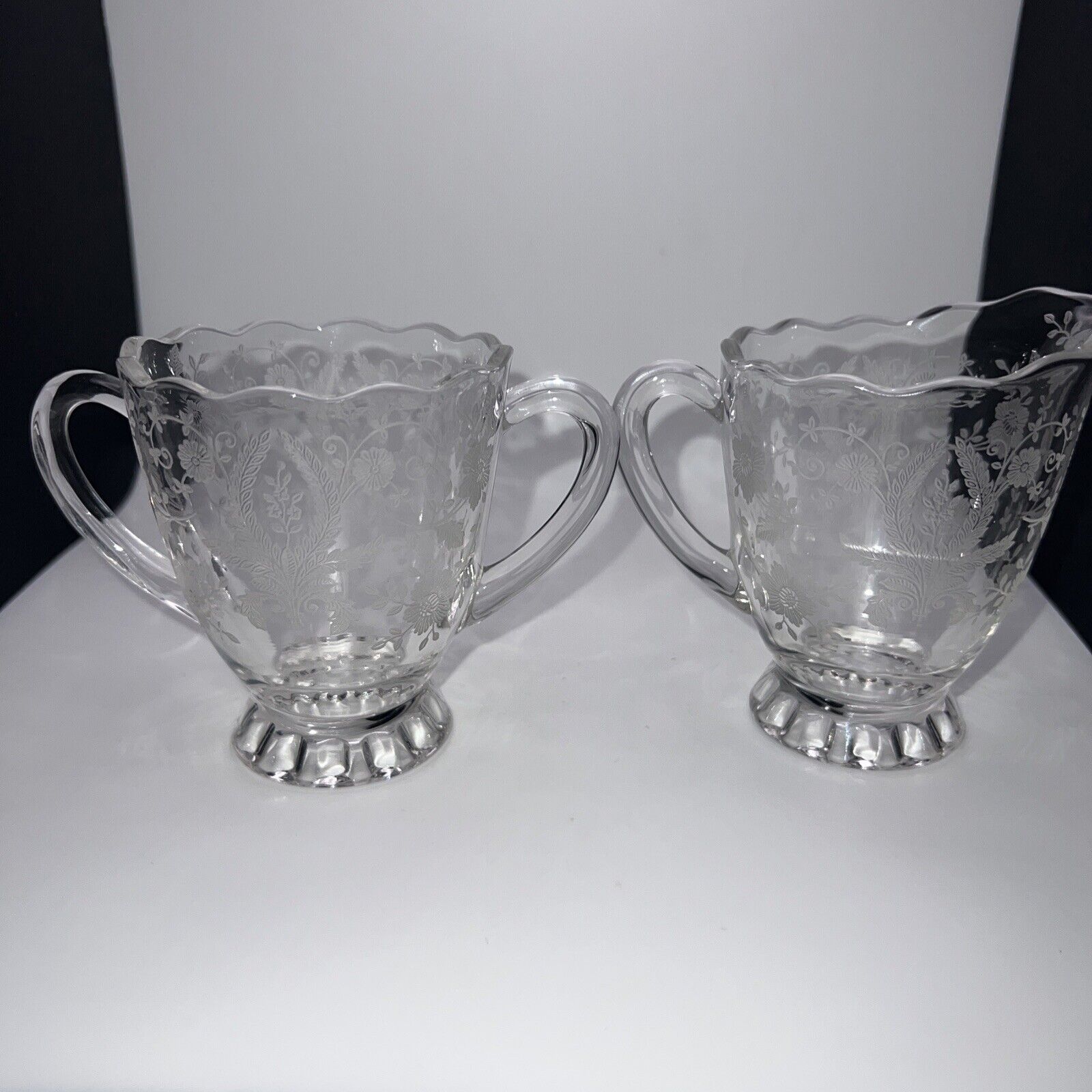 Viking Prelude Etched Clear Glass Footed Creamer and Sugar Set
