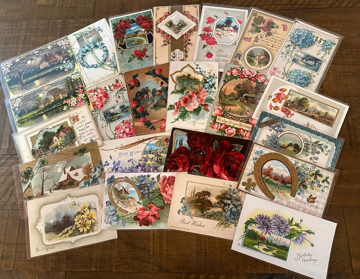 ~Lot of 23 Vintage~Scenes & Flowers~ Floral Greetings Postcards-in sleeves-h715