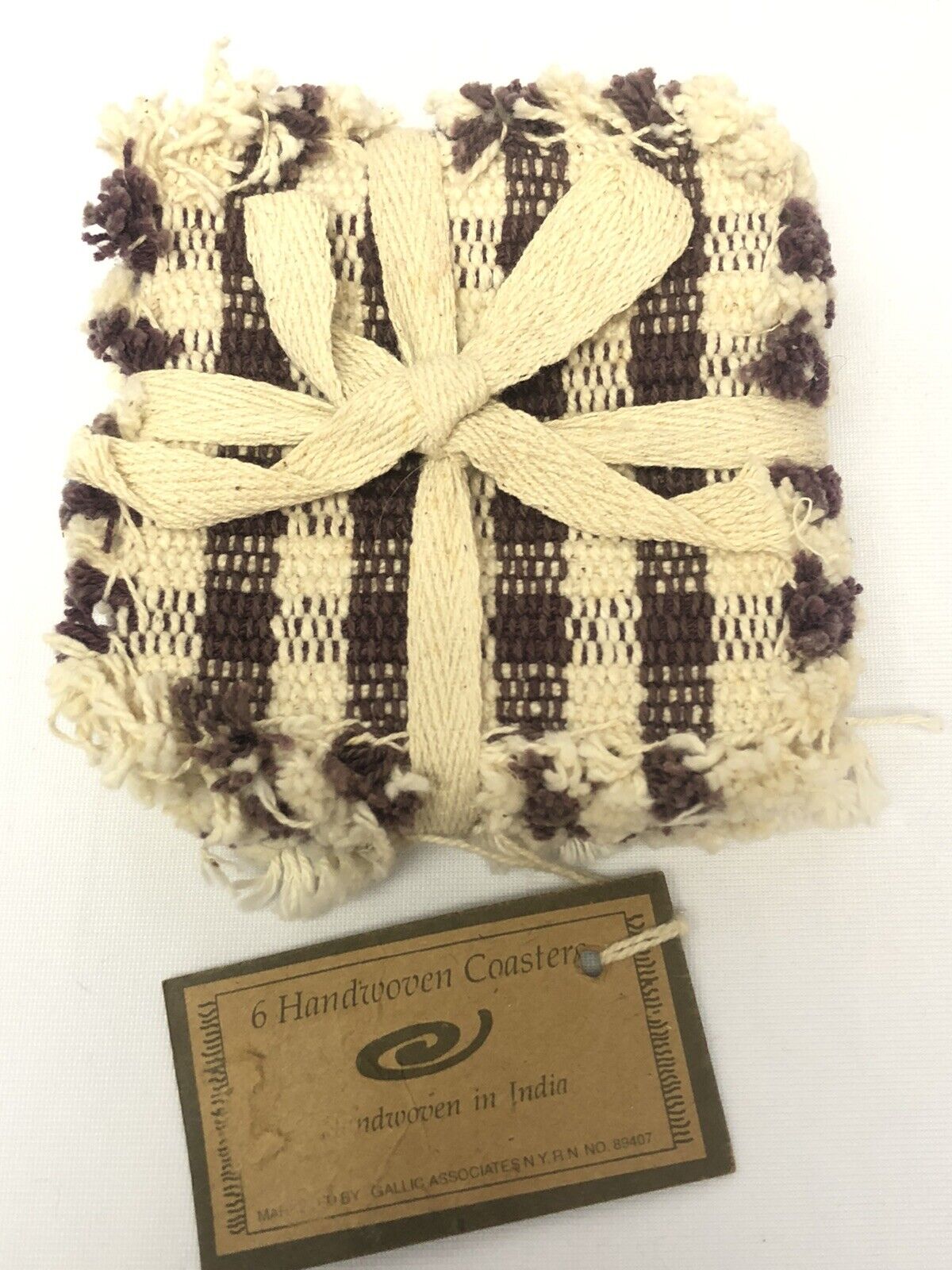 Hand Woven Coasters Purple Beige Fringe 100% Cotton Set Of 6 Made In India New