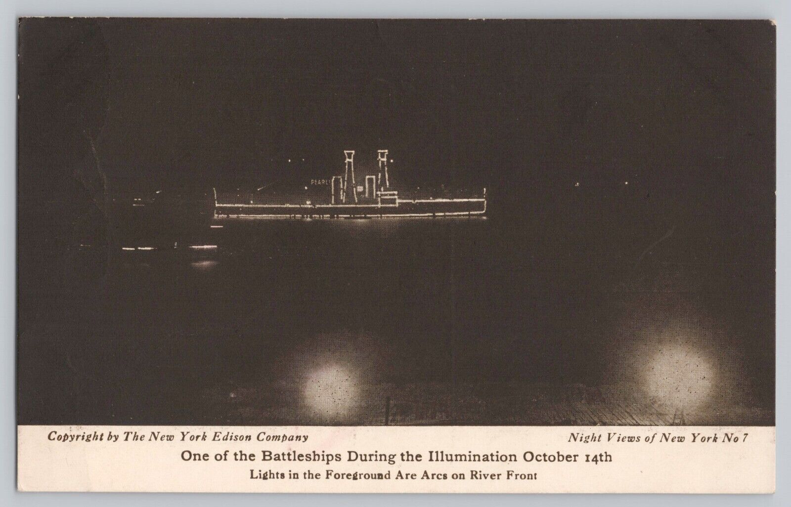 Battleships During the Illumination Postcard New York Edison Comp Night Views NY