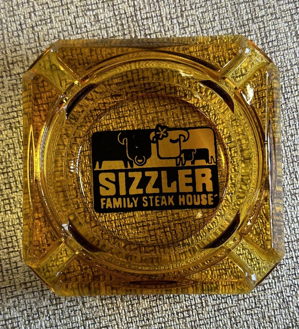 Vintage Sizzler Family Steak House Restaurant Yellow Glass Ashtray Amber