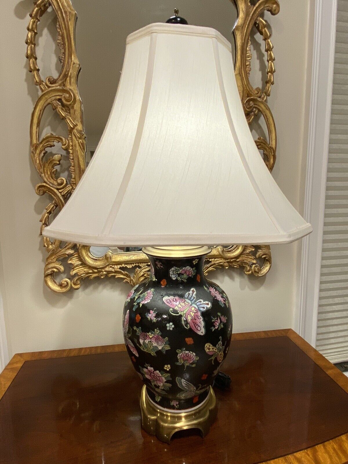 Stunning Onyx Porcelain Lamp Handpainted with Butterflies and Florals: w/Shade