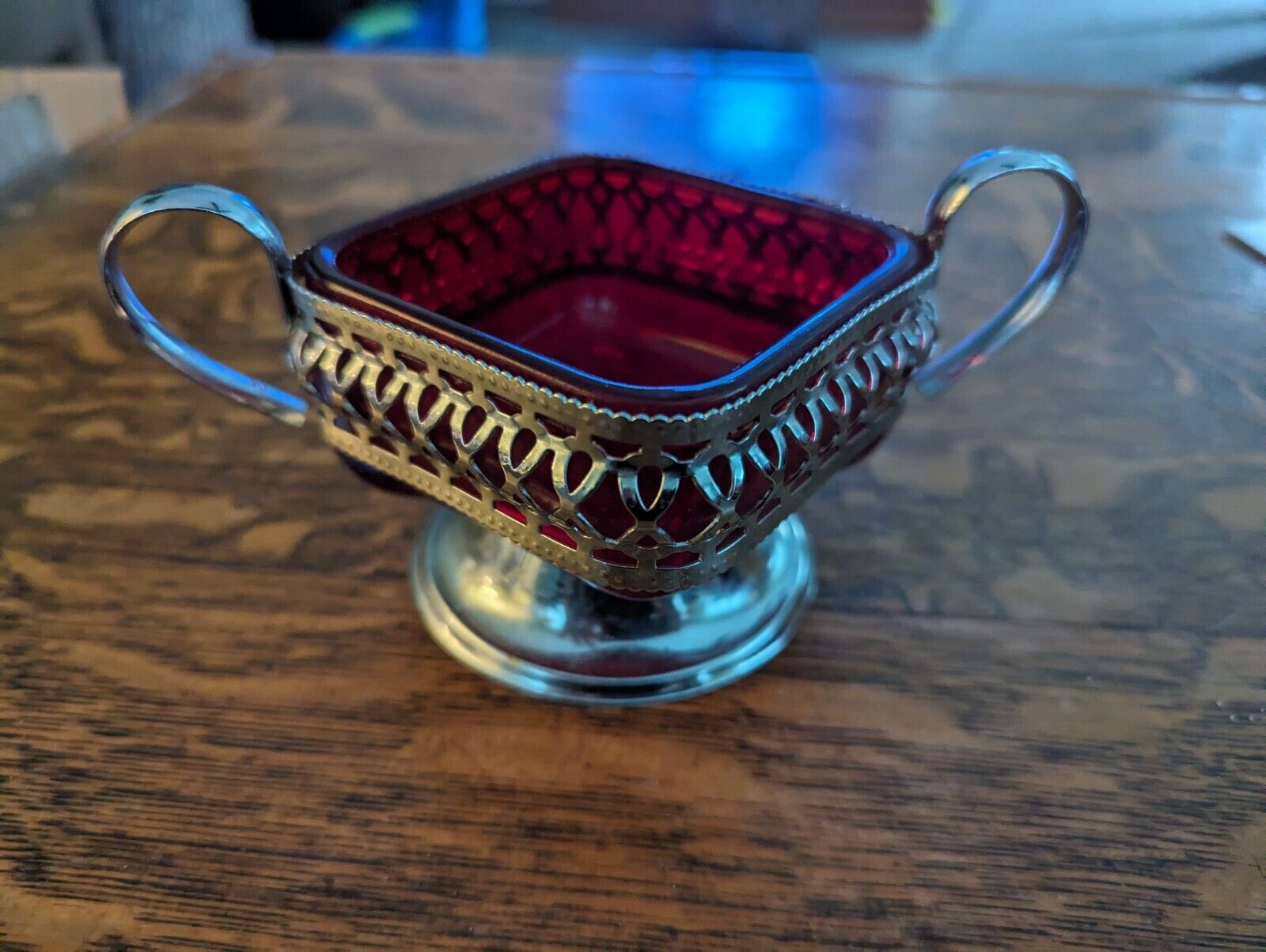 Cranberry Glass Dish With Metal  Holder