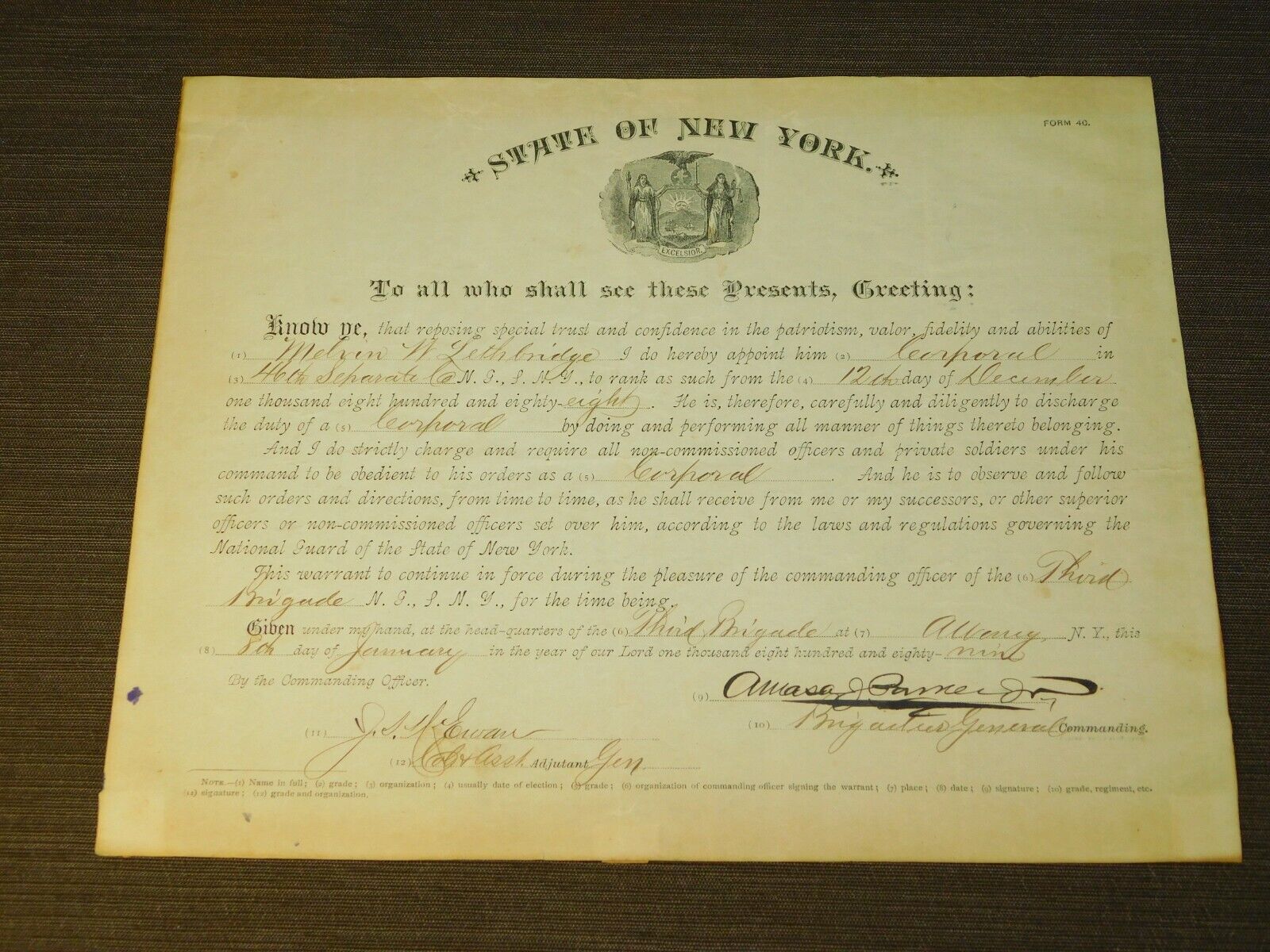 VINTAGE 1888 NEW YORK STATE NATIONAL GUARD PROMOTION CORPORAL  CERTIFICATE