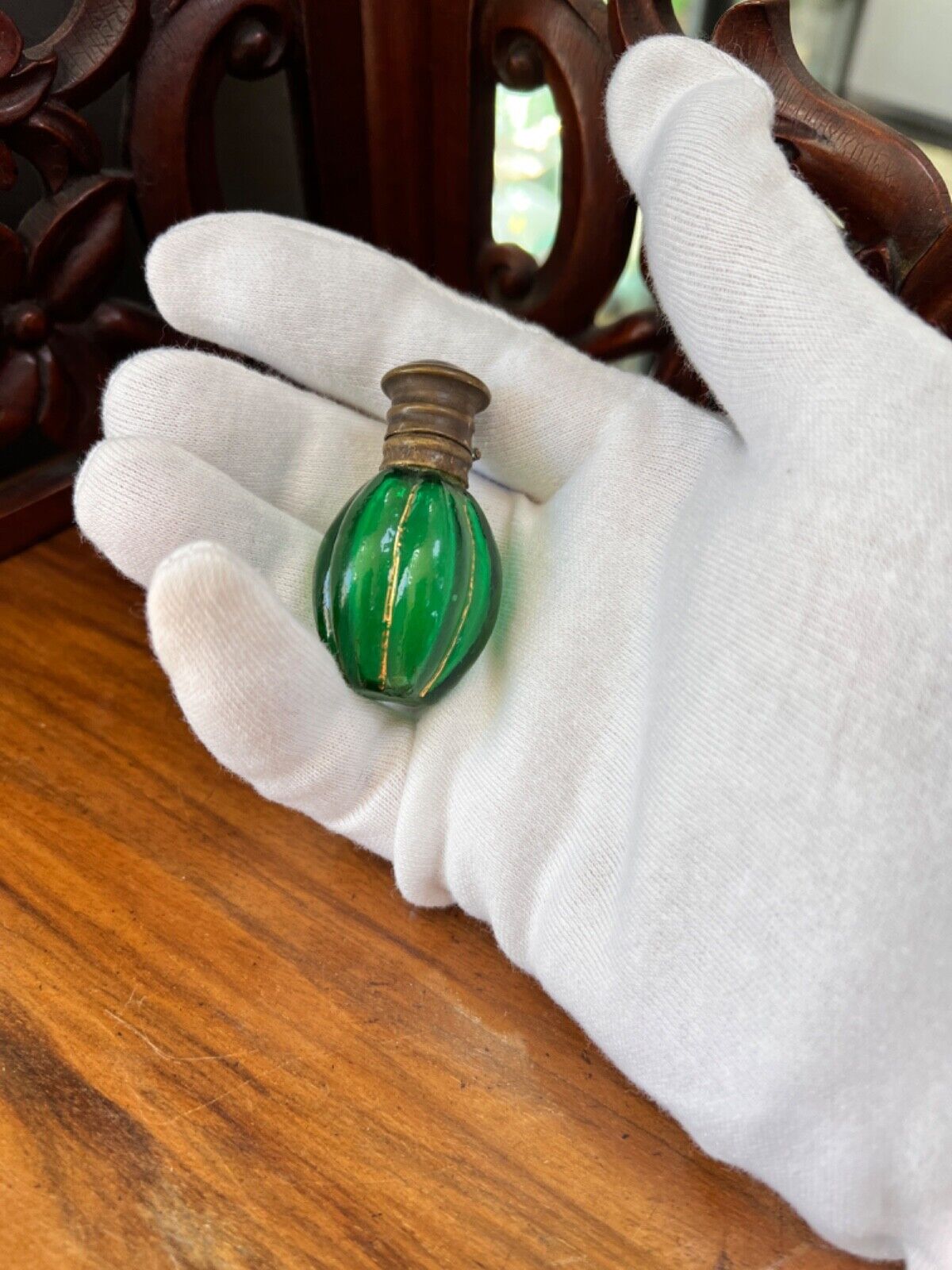 19c.Antique French Miniature Perfume Glass Bottle Melon Poison Green Gold Stripe