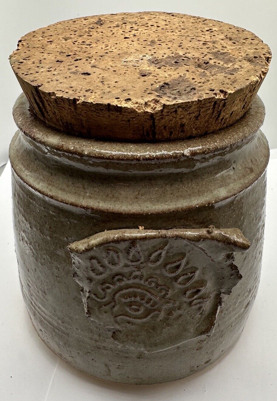 Stoneware Jar Cork Top VTG Studio Art Pottery Abstract Handmade Jar 7” Vintage