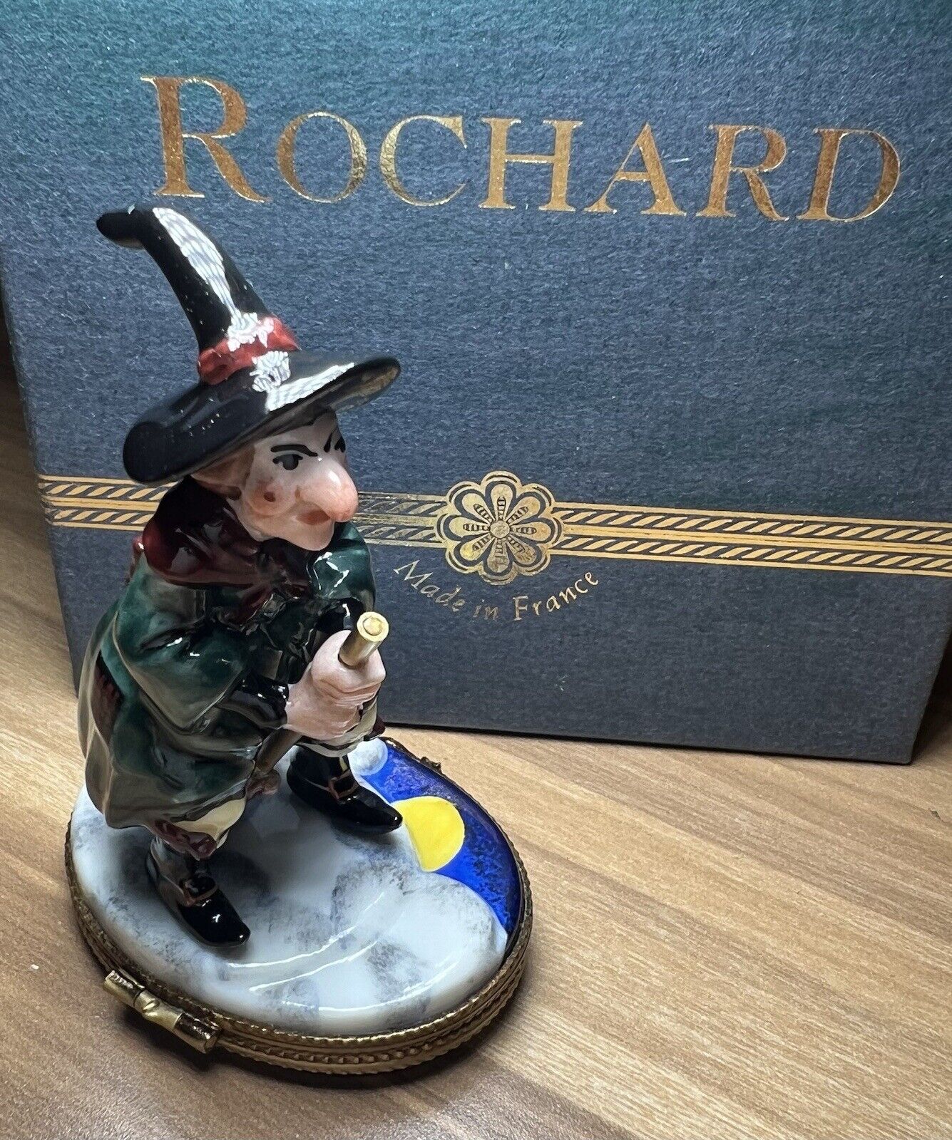 Rochard Limoges France Porcelain Trinket Box Peint Main Halloween Witch w/Broom