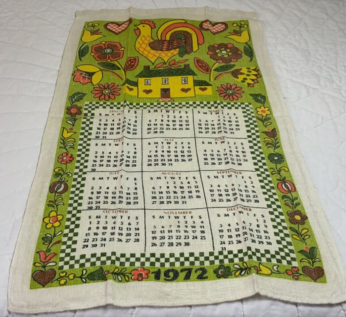 Vintage Kitchen Towel, Calendar, 1972, Folky House, Flowers, Hearts, Linen