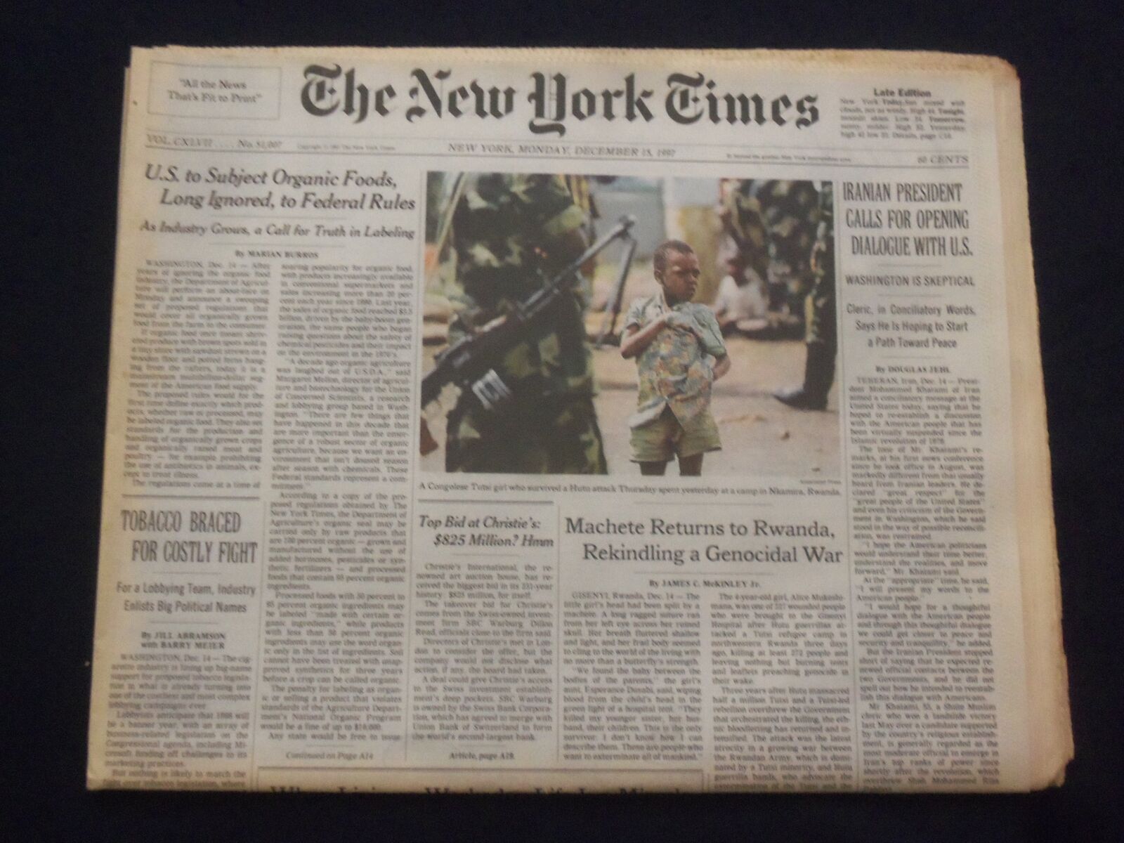 1997 DEC 15 NEW YORK TIMES NEWSPAPER -IRANIAN PRES. TO DIALOGUE WITH US- NP 7081
