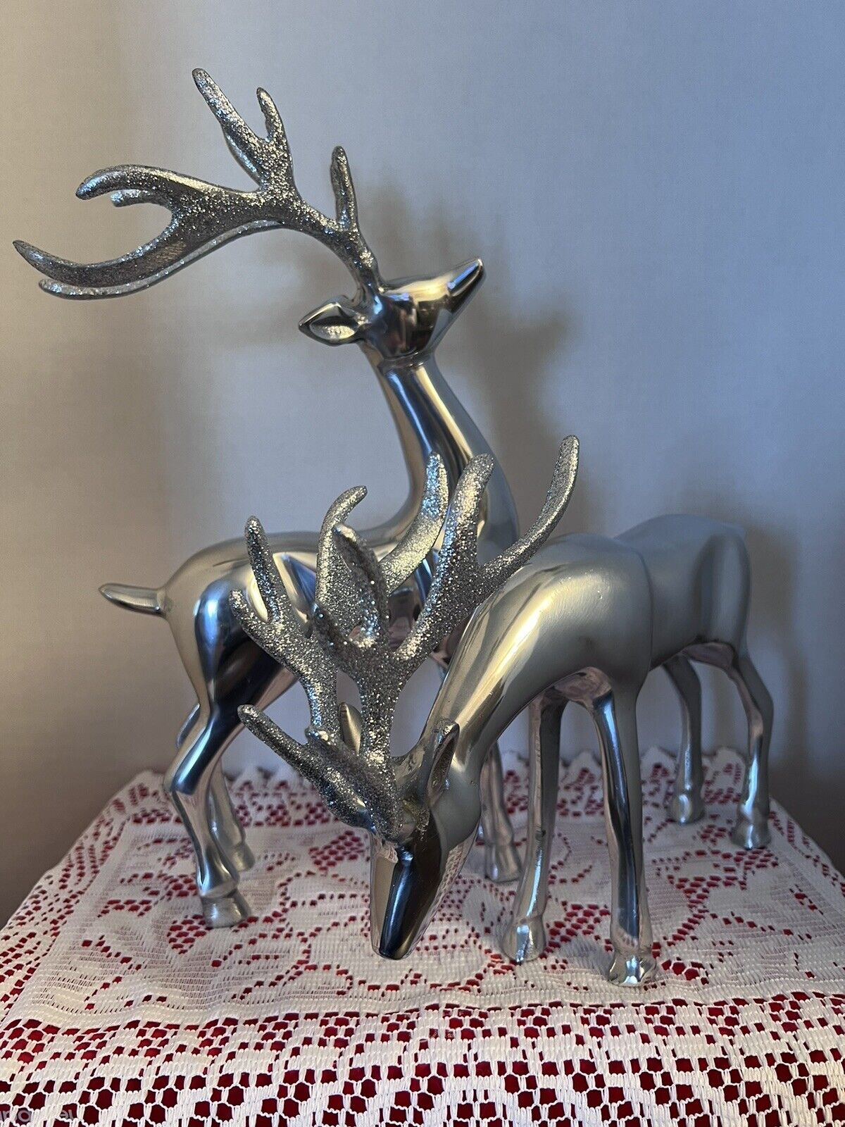 Pair Of Vintage Silver Reindeer With Glittered Antlers.