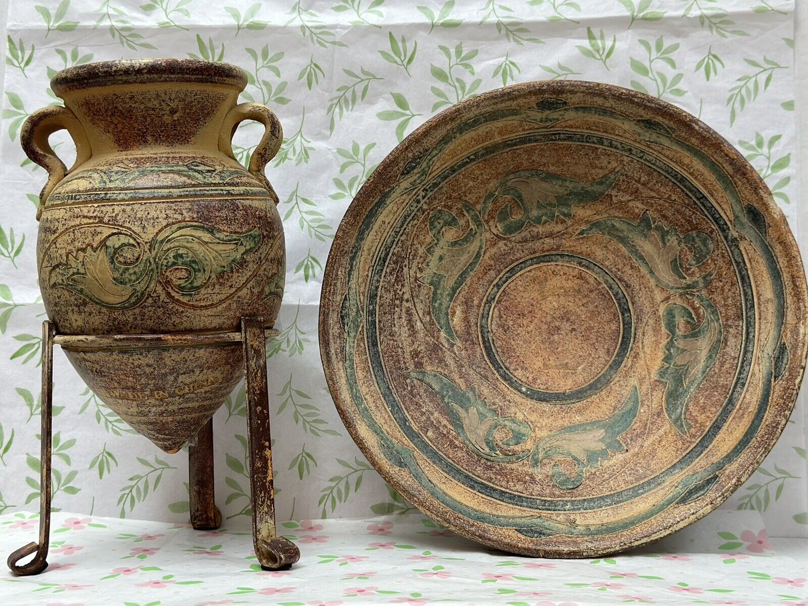 Vintage Amphora Set with Metal Stand & Dish Handmade Pottery Art