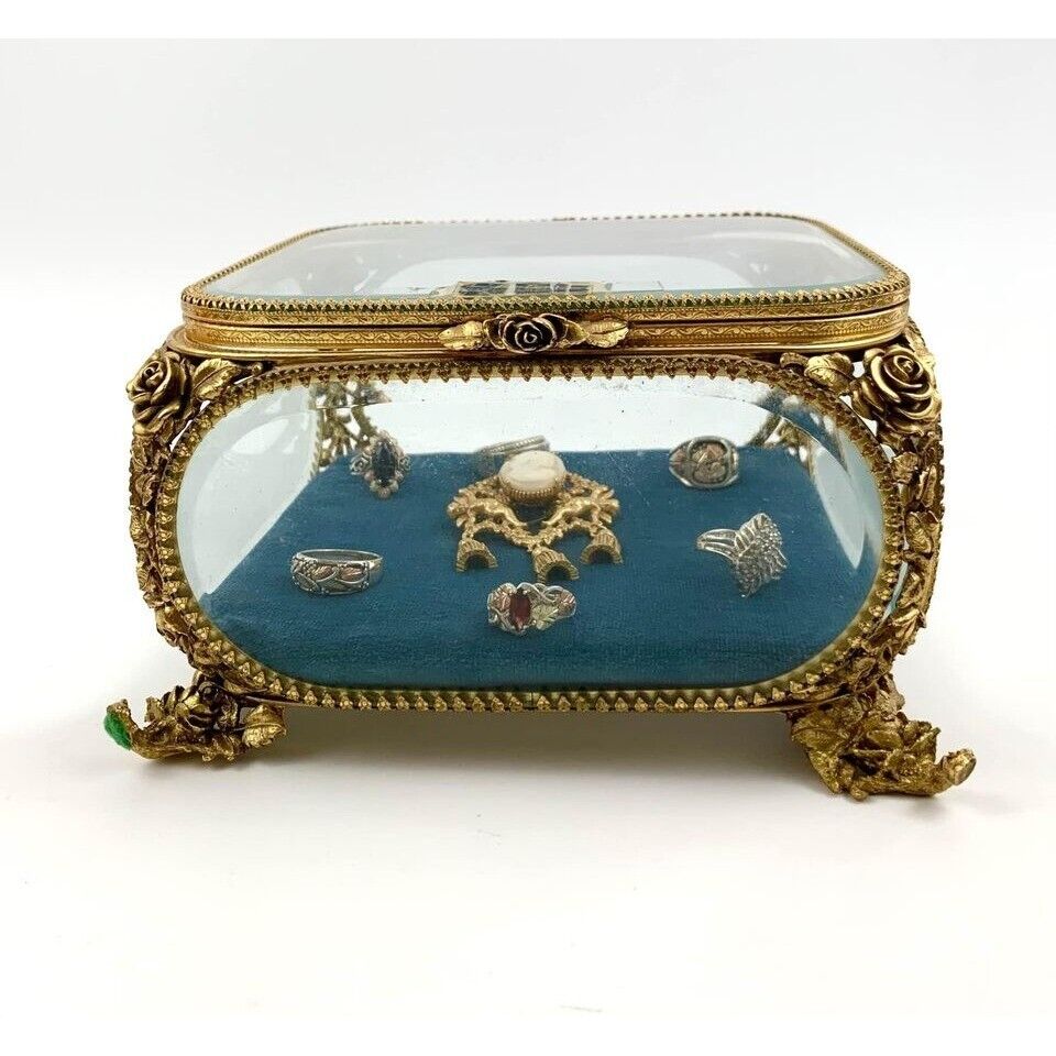 Jewellery Box Victorian Style 24 Carat Gold Plated Brass & Glass Vintage Gift