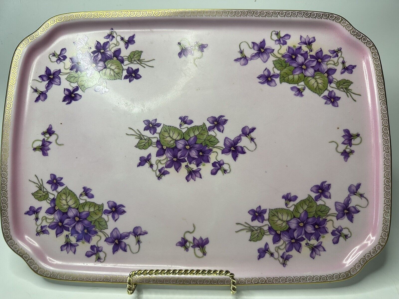 Antique Mitterteich, Bavaria Germany porcelain purple flowers pink tray 14x10
