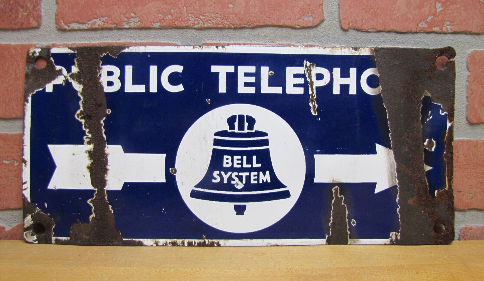 BELL SYSTEM PUBLIC TELEPHONE ARROW Original Old Double Sided Porcelain Ad Sign