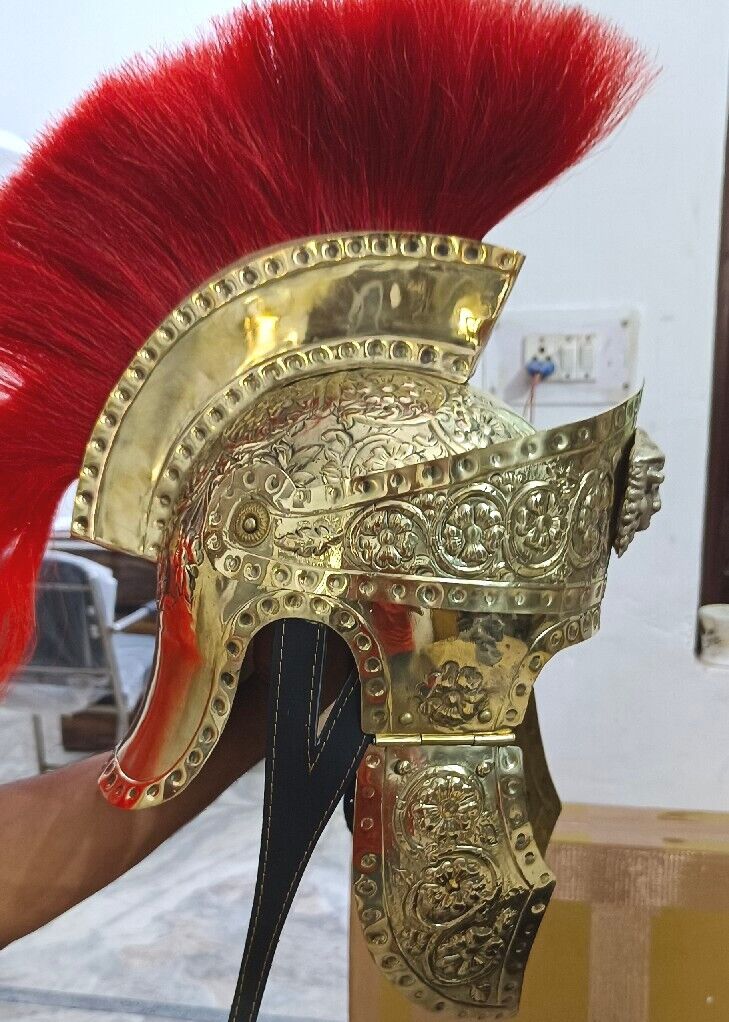 Roman full brass helmet with red plume Medieval Knight Brass with design helmet 