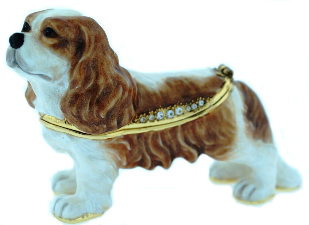 King Charles Dog Collectible Trinket Box, jeweled, enameled, NIB 