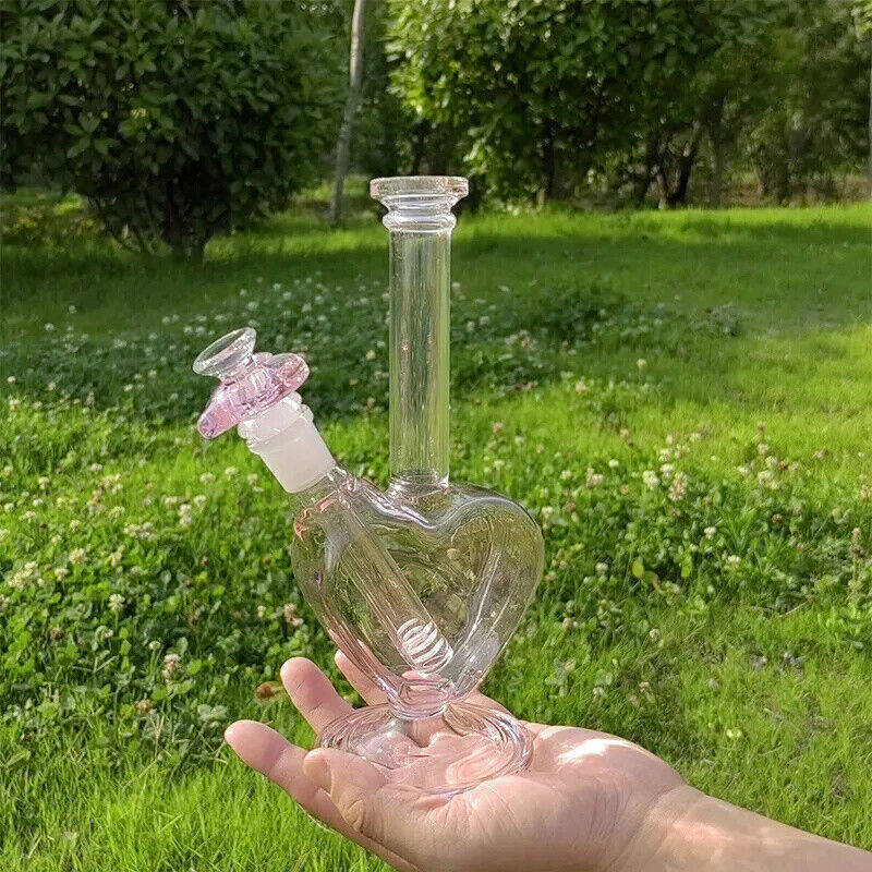 9inch Pink Glass Bong ❤ Heart Shape Hookah Water Pipe Shisha W/ Pink Heart Bowl
