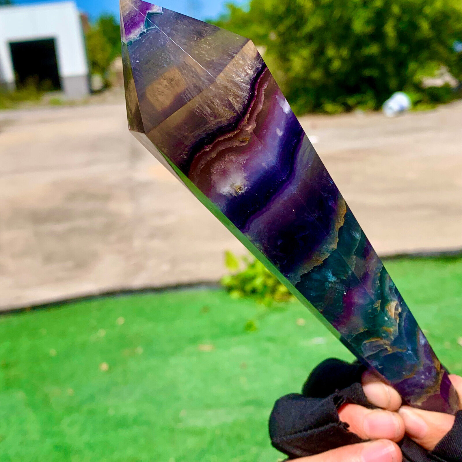 376G Top grade natural rainbow fluorite scepter Crystal healing