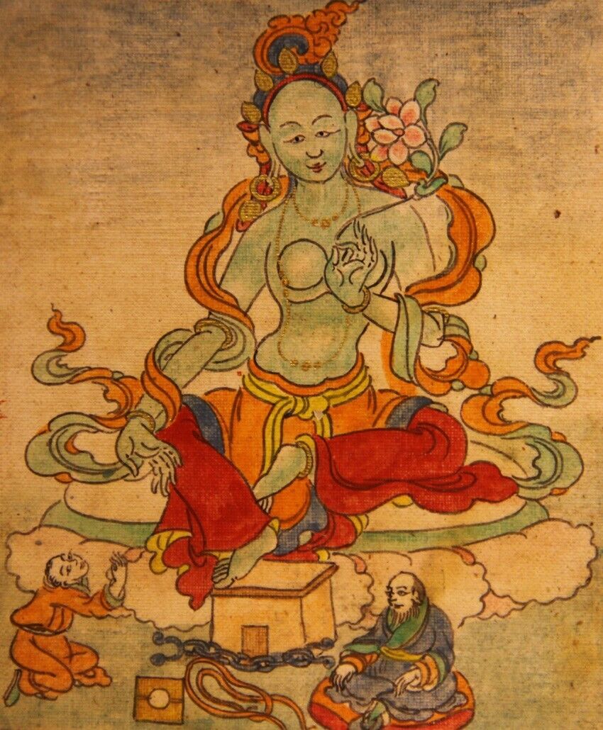 Rare Tibet 1800s Old Antique Buddhism Gilded Tsakli Tsaklis Thangka Green Tara