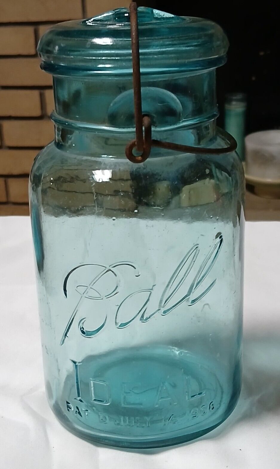 Vintage Aqua Blue / Green BALL IDEAL #2 Glass Canning Jar & Lid Pat. 7/14/1908