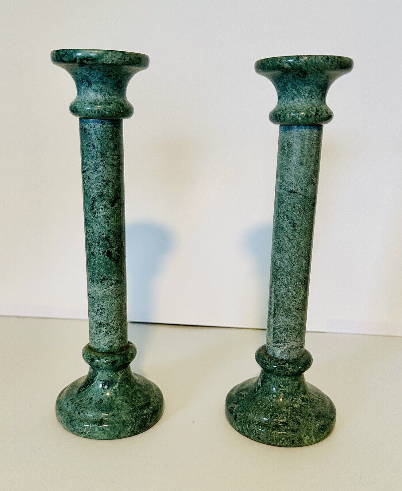 Late 20th Century Tall Green Marble Candlesticks- a Pair 9” Minimalist
