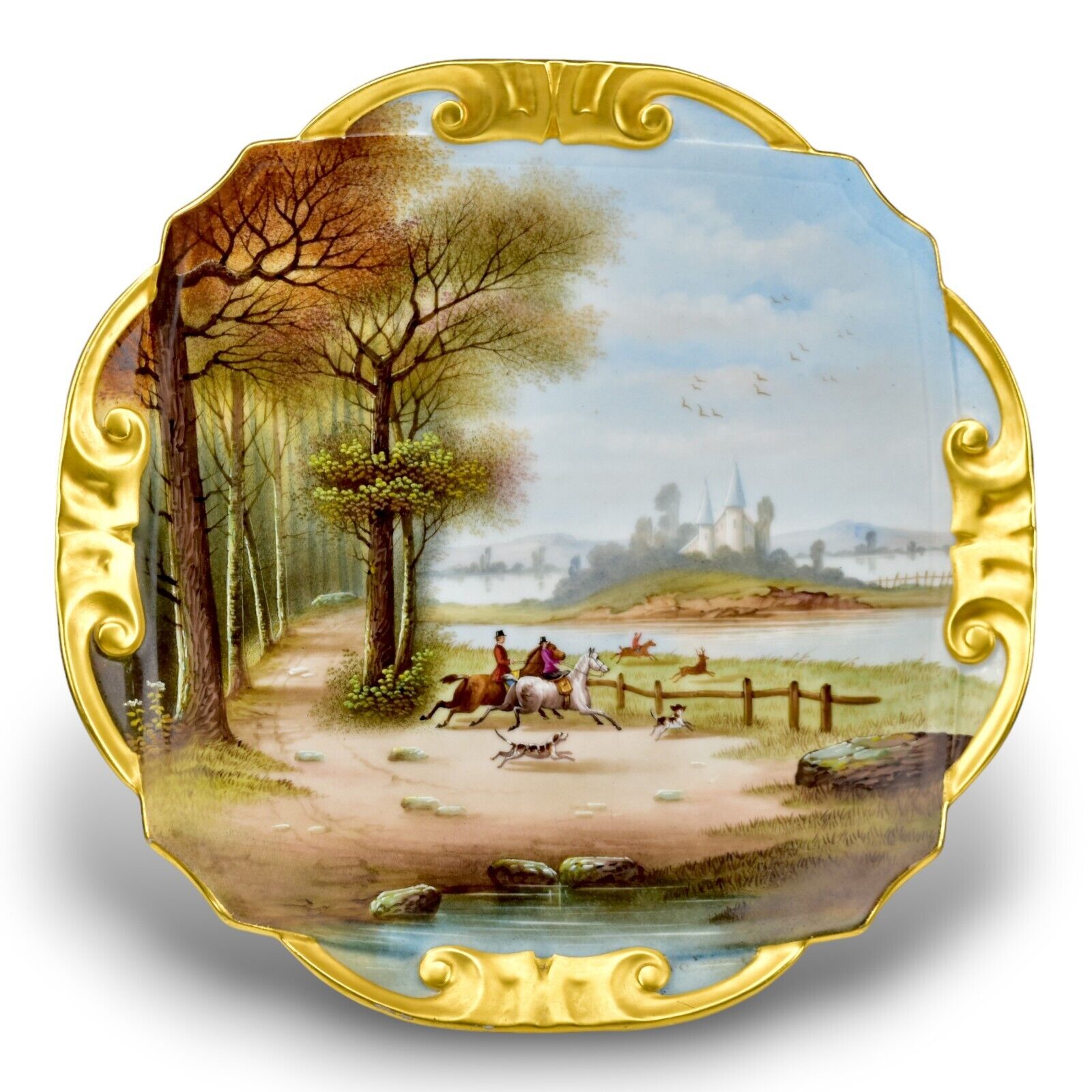 Large Limoges Porcelain Charger Plaque with Hand Painted Equestrian View