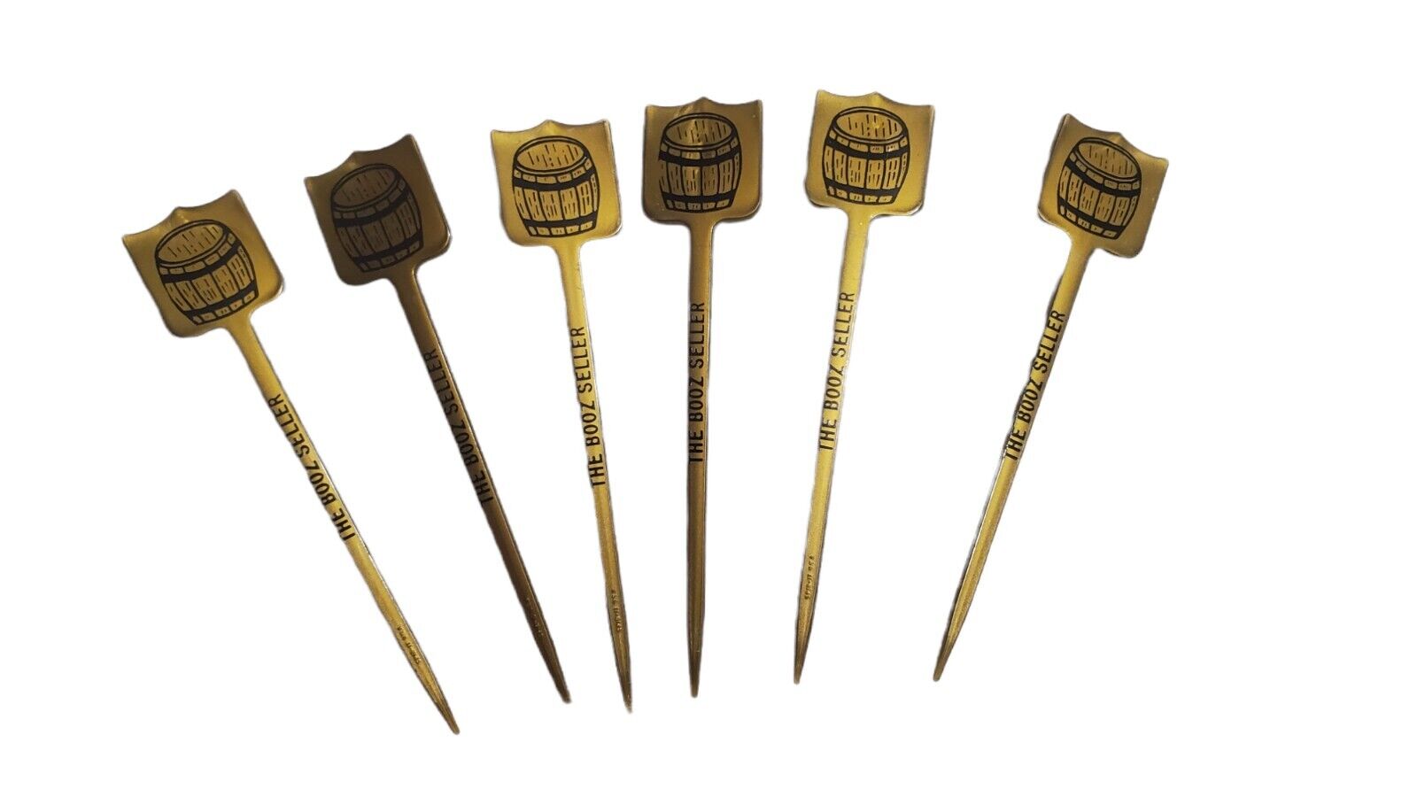 Vtg Swizzle Sticks Gold Plastic Drink Stirrers The Booz Seller Keg Set Of 6