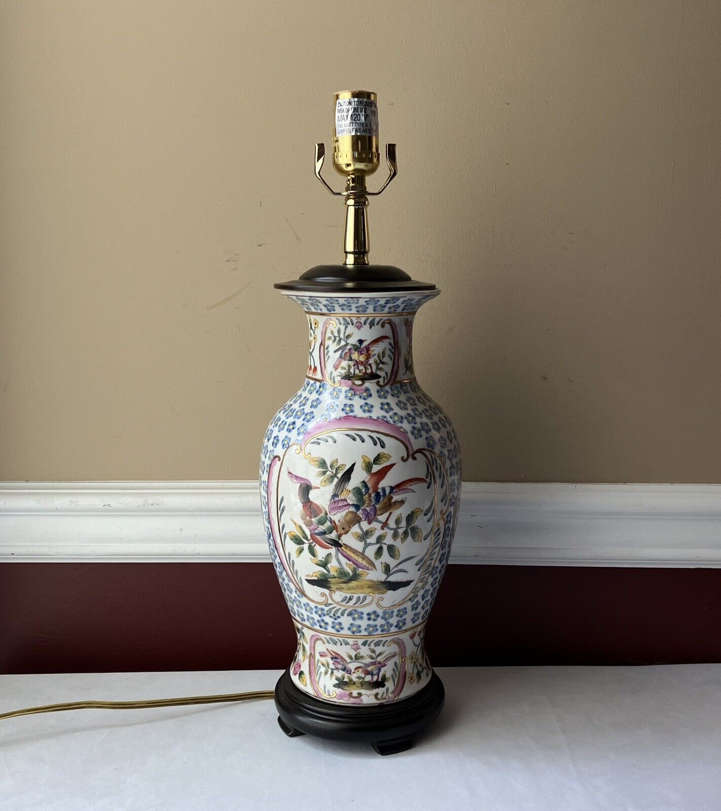 Vintage Chinese Porcelain Lamp with Colorful Bird Design, Working