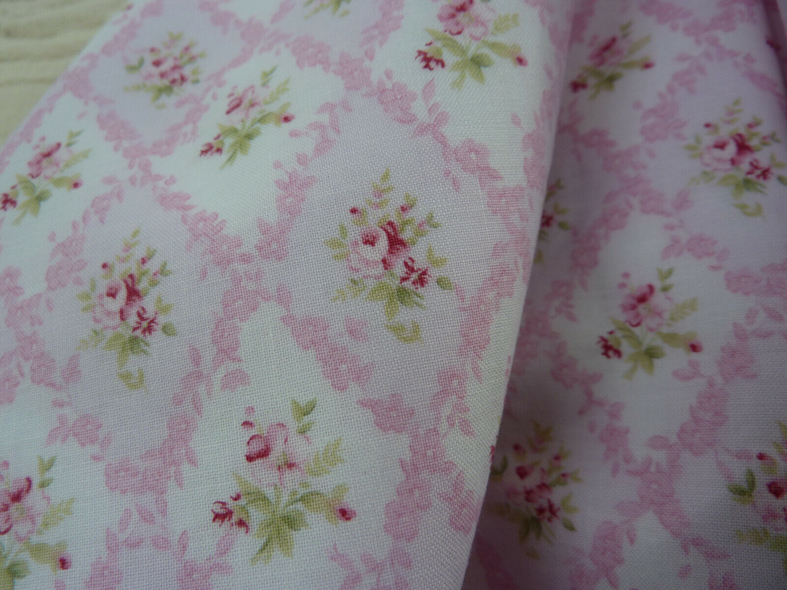 Yuwa Fabric Cabbage Roses Collection Harlequin Trellis Raspberry Pink Fabric.