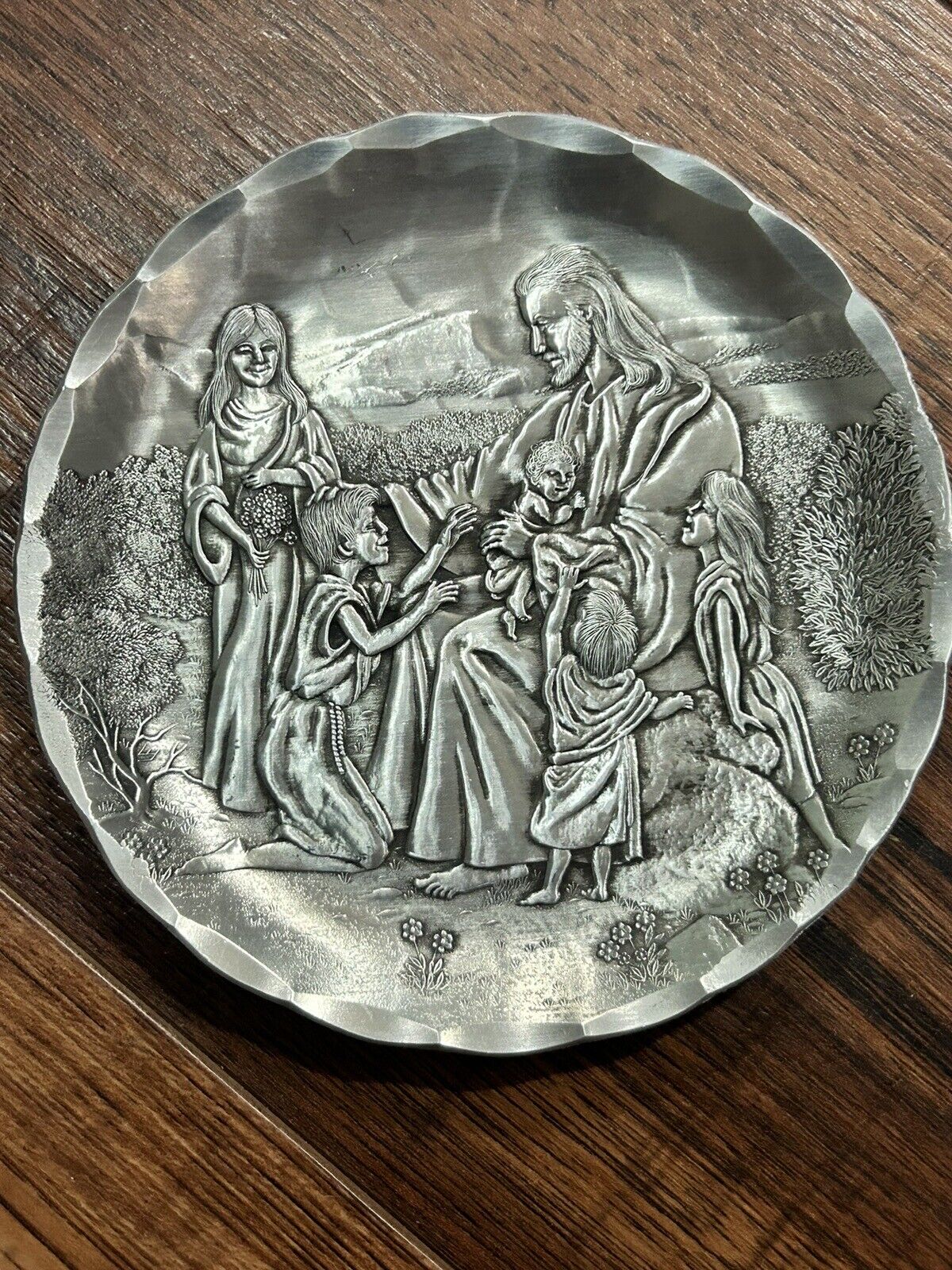 Vintage Wendell August Forge Jesus & Children Plate 4” Handmade Religious Image