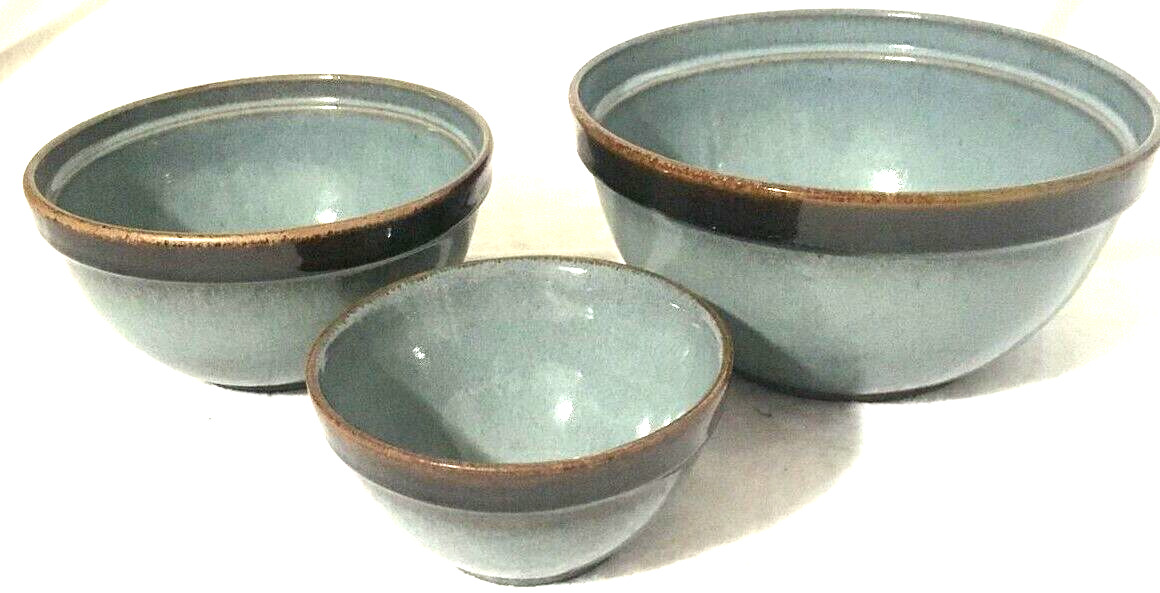 Treasure Craft Pottery Mixing Bowl Set of 3 Teal Blue Brown Speckled  Vintage