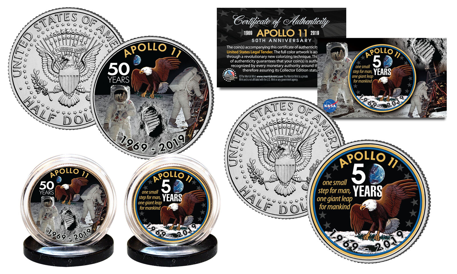 APOLLO 11 50th Anniversary Man on Moon U.S. JFK Kennedy Half Dollar 2-Coin Set