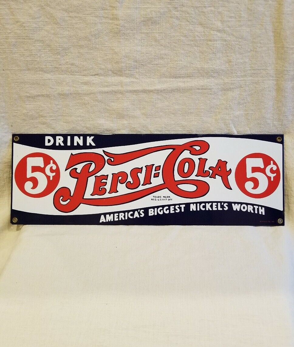 Vintage 5 Cent Pepsi: Cola America\'s Biggest Nickel\'s Worth Metal Sign 18 x 6\
