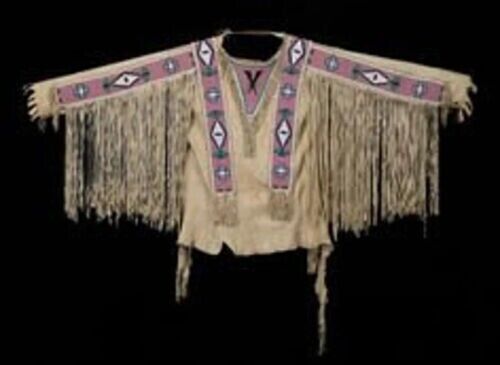 Old Style Beige Buckskin Suede Hide Fringes Beaded Powwow War Shirt NHS03