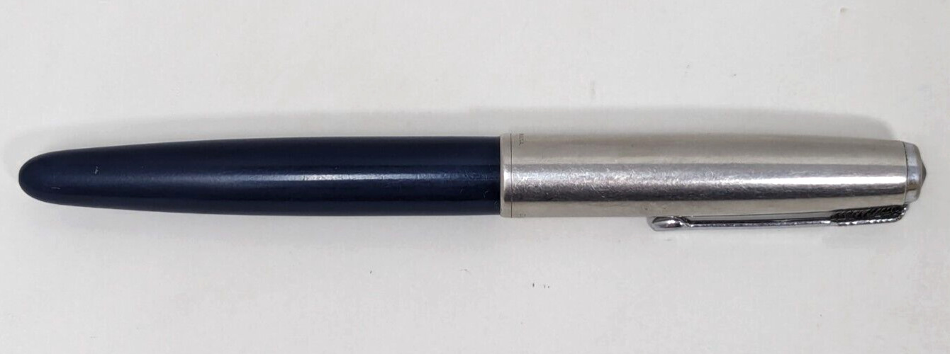 Vintage Parker 41? Dark Blue Chrome Aerometric Jewel Cap Fountain Pen USA A24