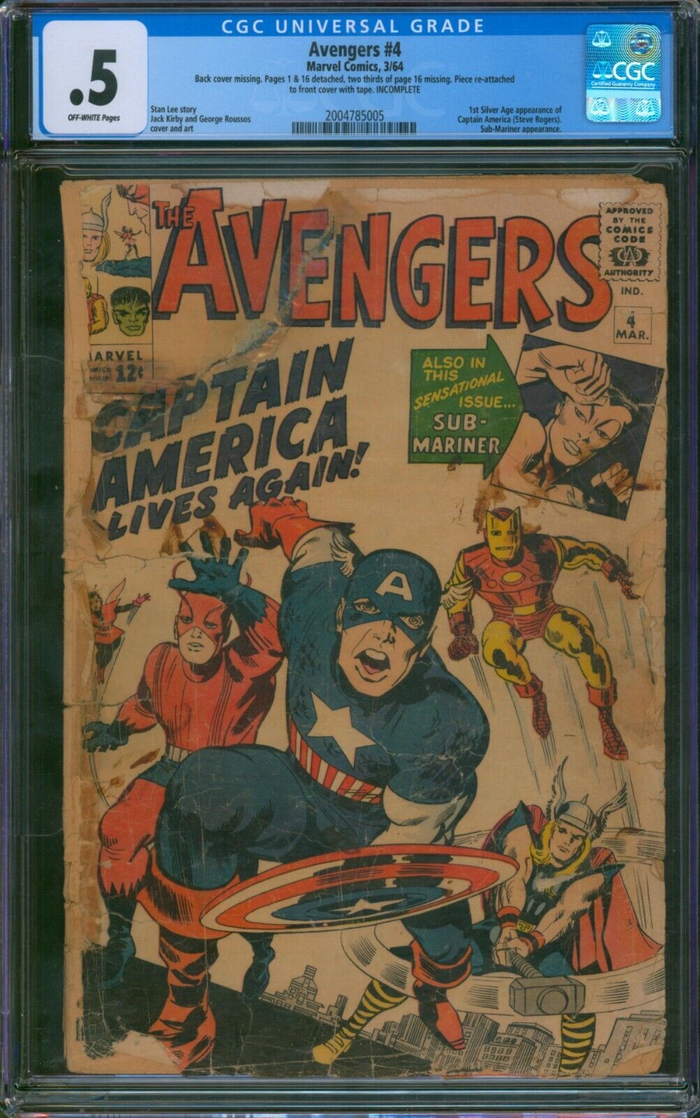 Avengers #4 (1964) CGC 0.5 ⭐ 1st Silver Age Captain America App ⭐ Marvel Comic