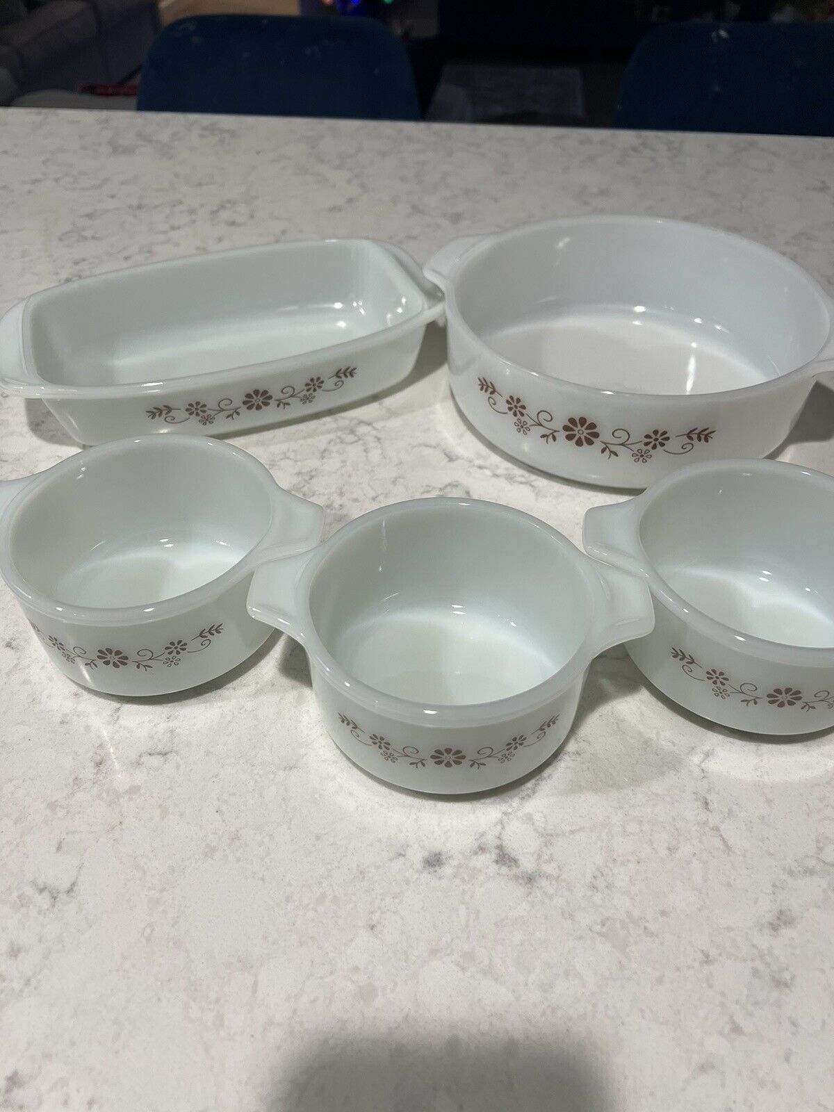 Vintage 1950s Pyrex Brown Daisy Milk Glass Set Of 5 Dishes