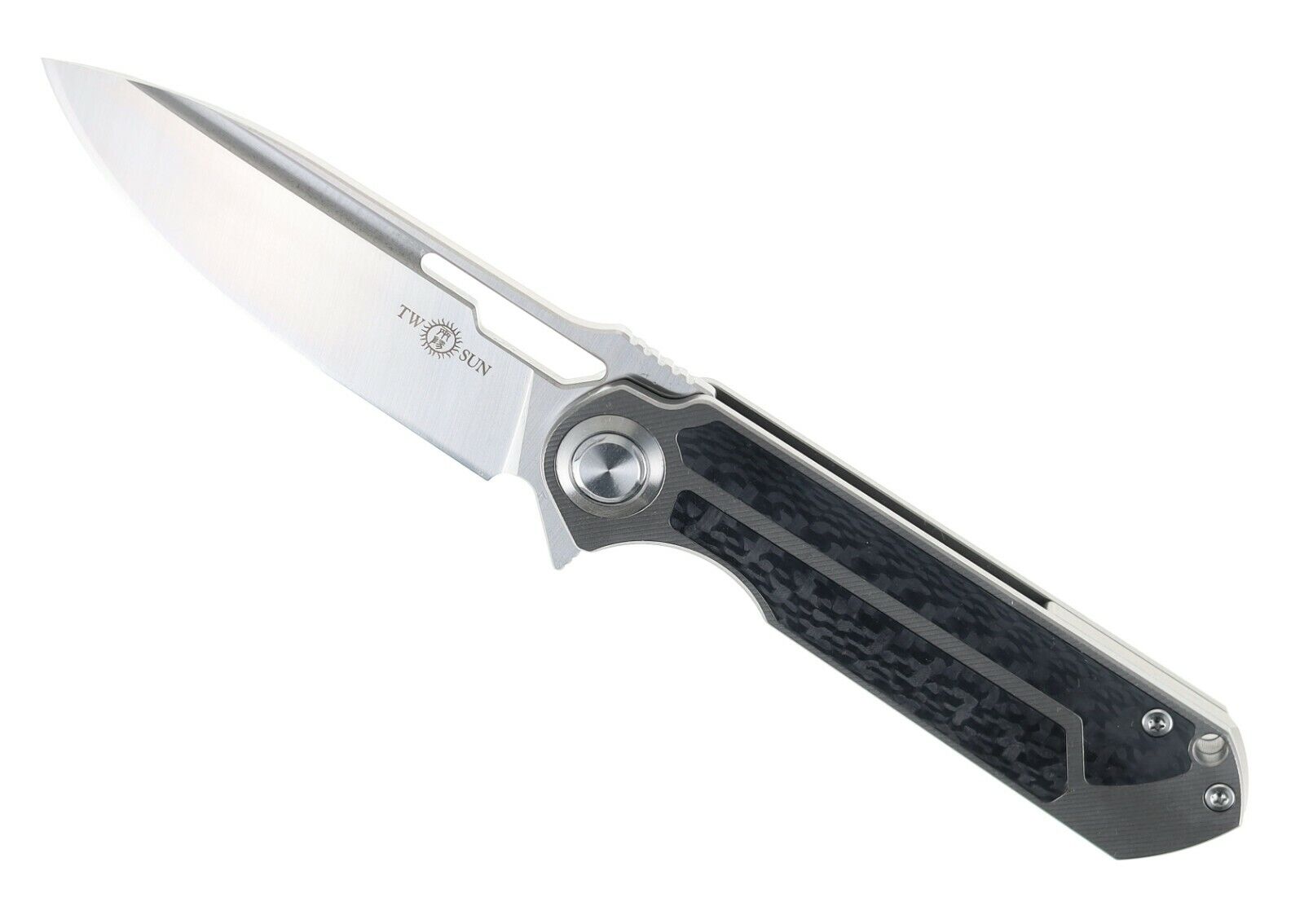 Two Sun Pocket Knife Black Flipper Titanium/CF Handle D2 Plain Edge TS226