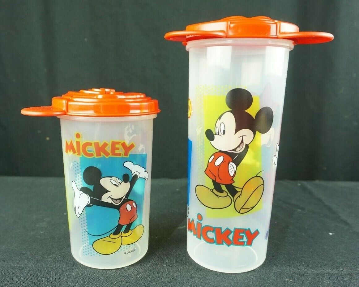 Tupperware 16 & 26 oz Mickey Mouse Tumblers For Crayons & Pencils, Red Ear Lids