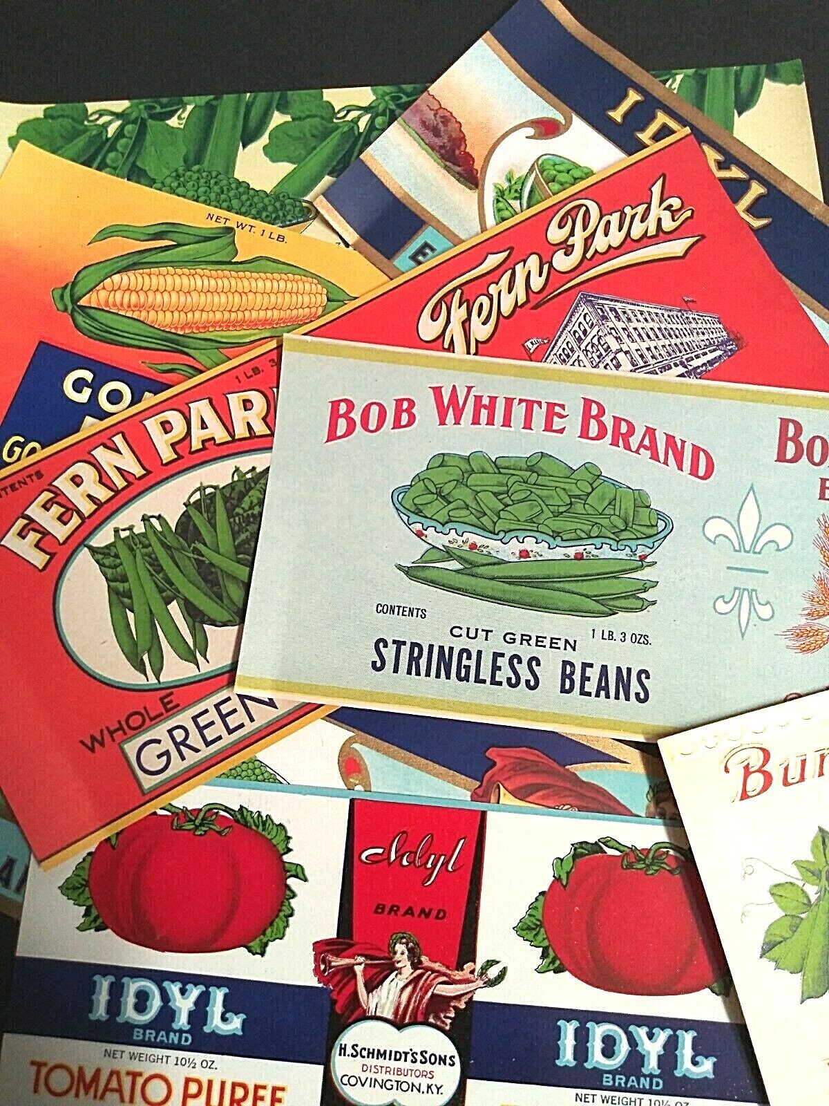 Early Vintage Advertising Unused Can Labels (Qty 8) NOS Beans Peas Corn Tomato