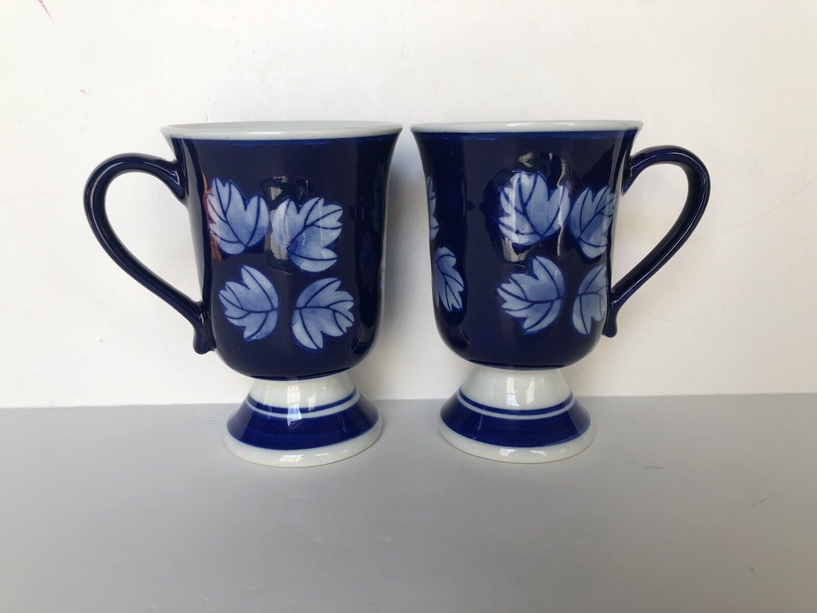 Cobalt Blue Latte Mug Cups Ceramic Footed Stripe Leaf by Designpac-Set of 2
