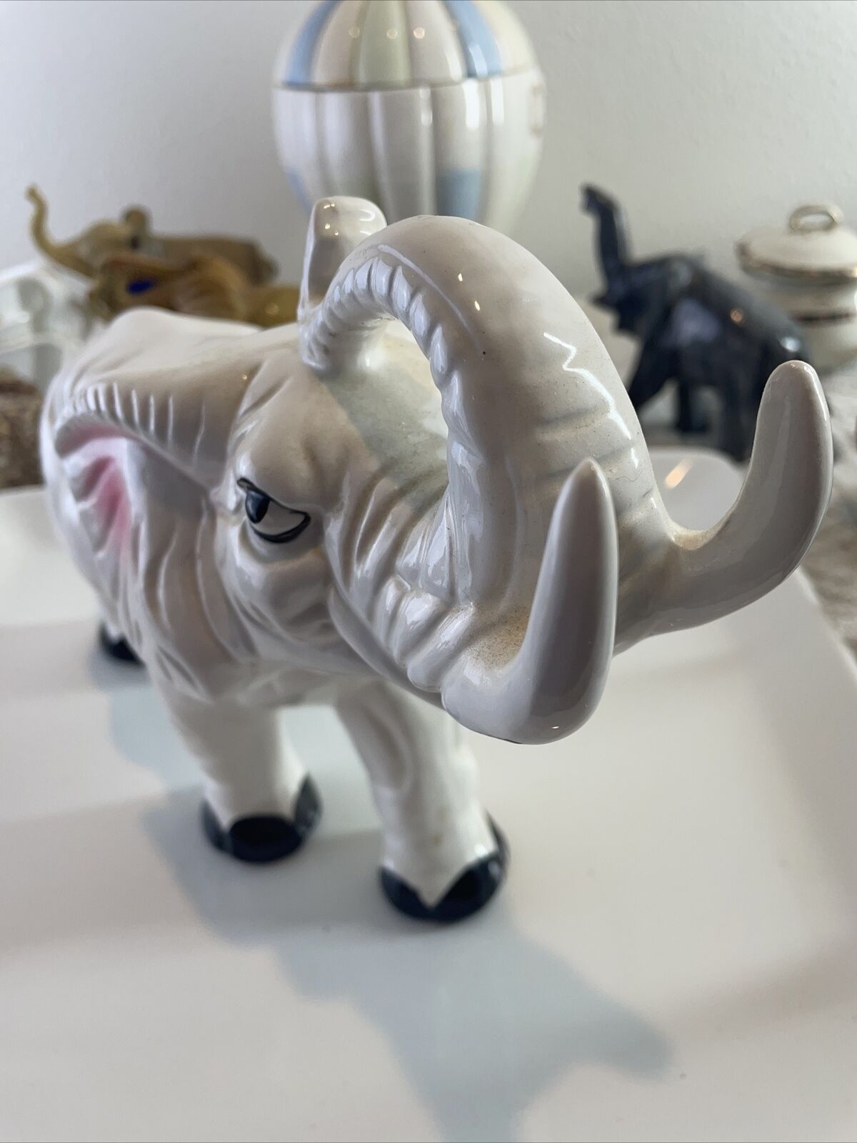 Vintage Ceramic White Glazed Elephant Figurine  Trunk Up  Good Luck  12” x 7.5”