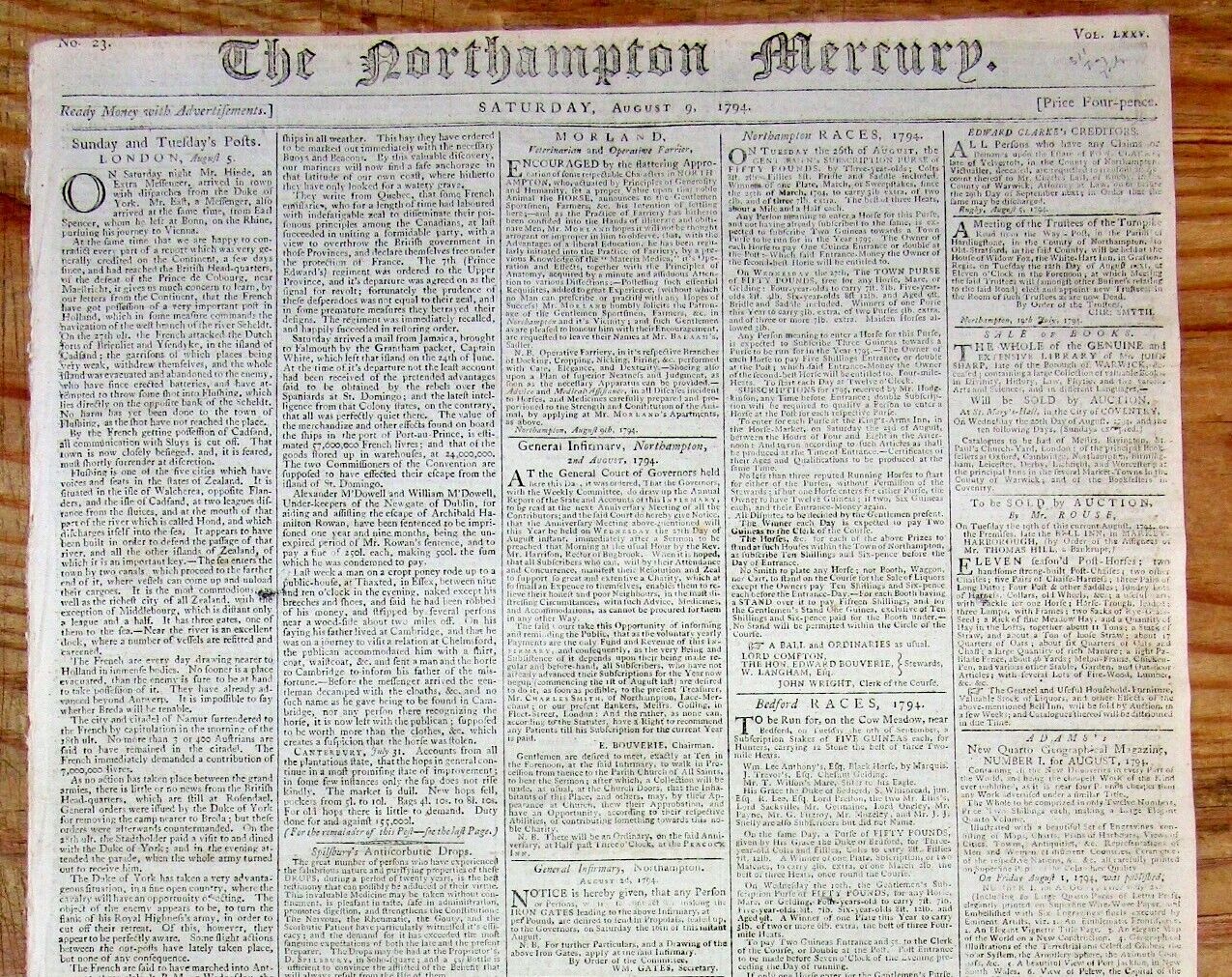 1794 newspaper with early news of THE JAY TREATY between the US & GREAT BRITAIN